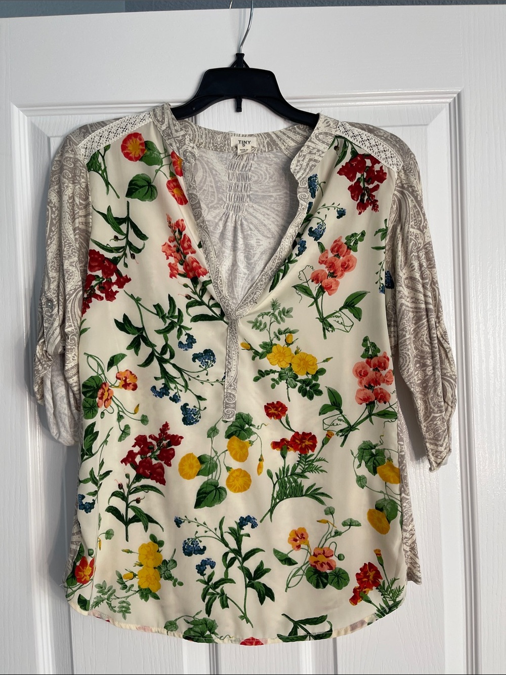 Women's Floral Henley Tunic Top - Cream Multi